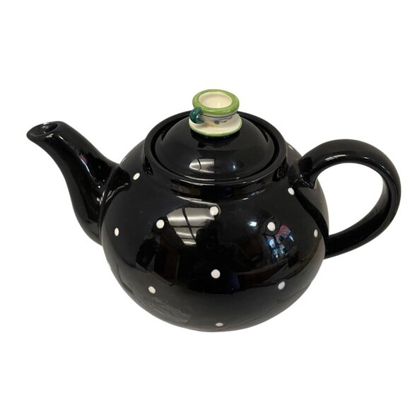 Department 56 Tea Pot Party Black White Polka Dot Teapot 5" x 9" Read - Picture 2 of 11